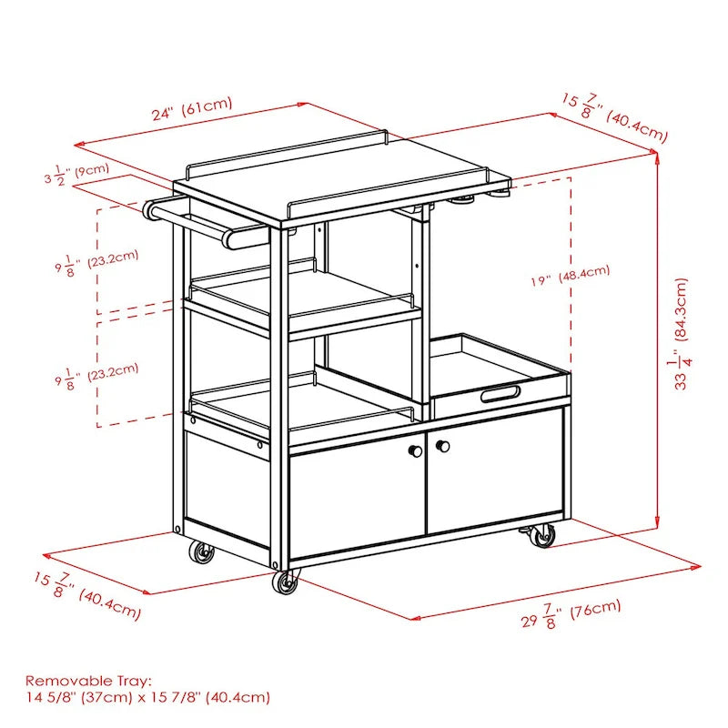 Rollbarer Barwagen aus Espressobraunem Holz mit Schrank und Metallakzenten