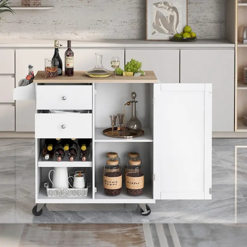 41.3 in. Rolling Kitchen Island with Spice Rack and Two Drawers