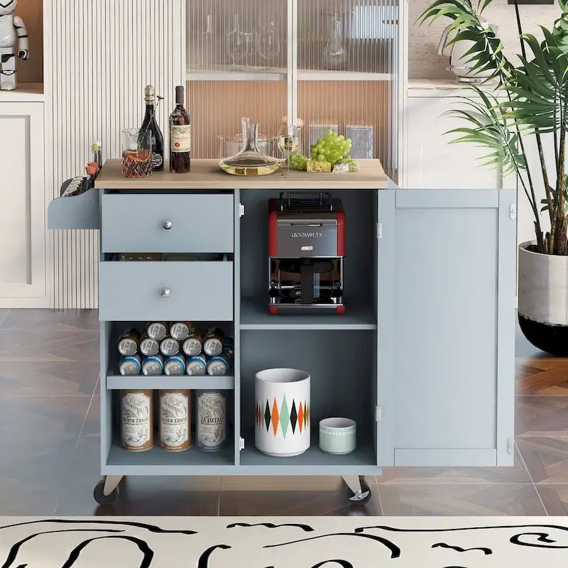 41.3 in. Rolling Kitchen Island with Spice Rack and Two Drawers