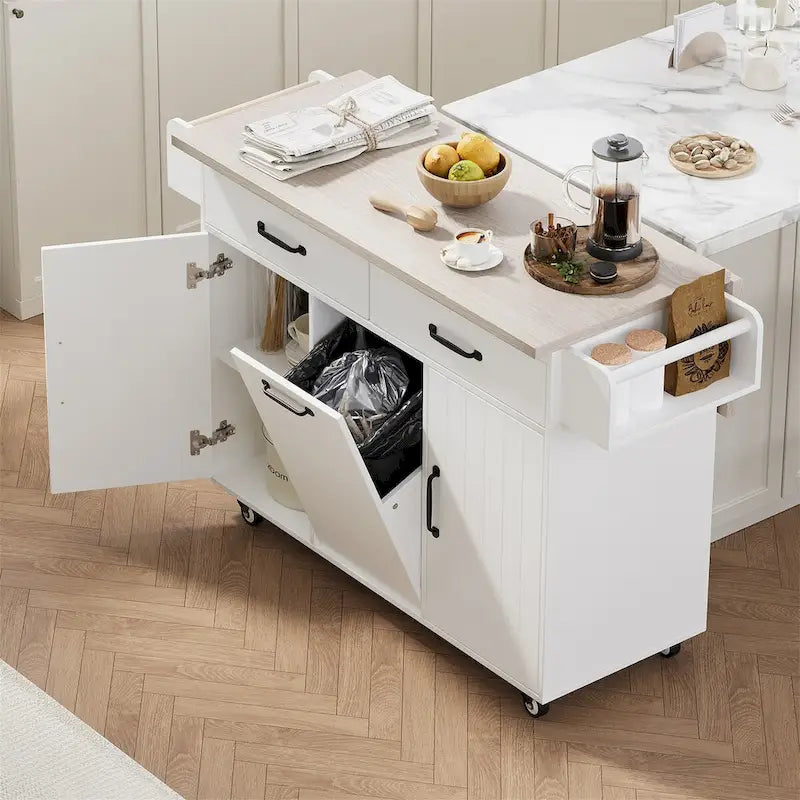 Rolling Kitchen Island with Drop Leaf and Hidden Trash Storage