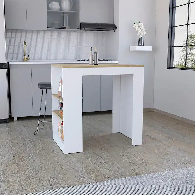 White Wood-Effect Kitchen Island with Three Open Shelves for Dining