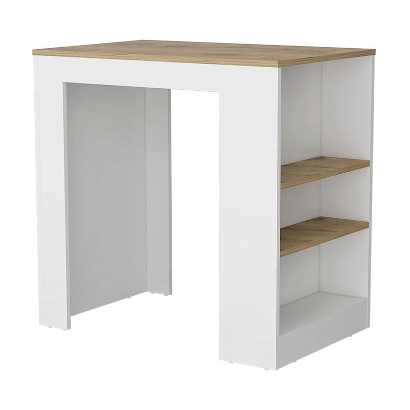 White Wood-Effect Kitchen Island with Three Open Shelves for Dining