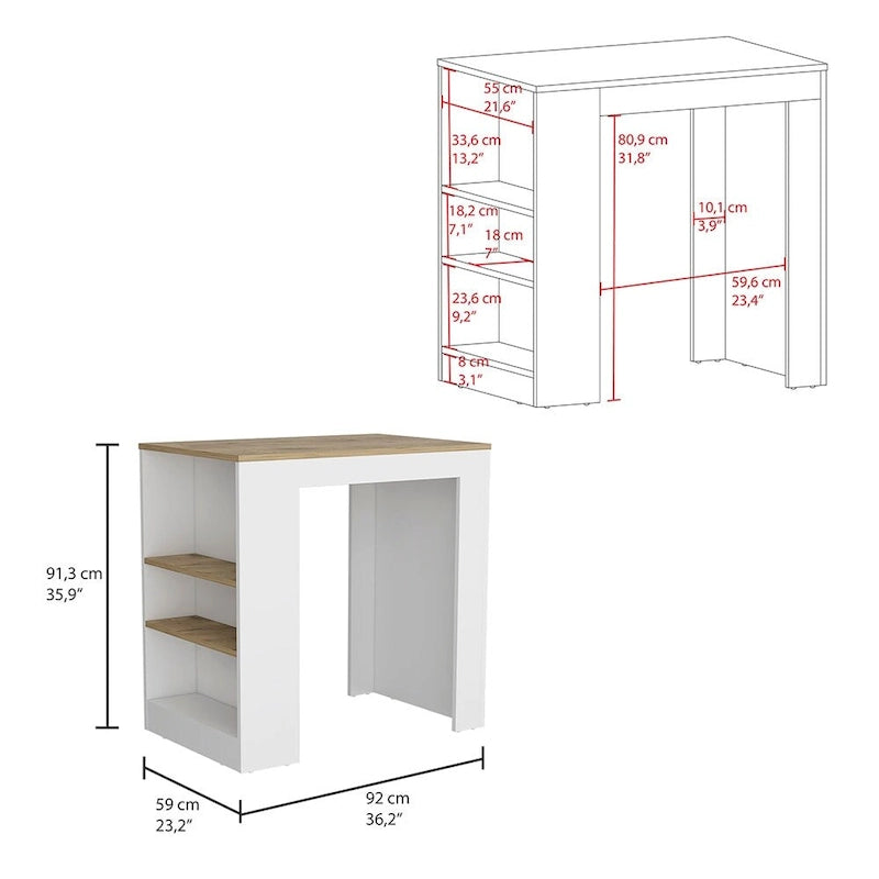 White Wood-Effect Kitchen Island with Three Open Shelves for Dining