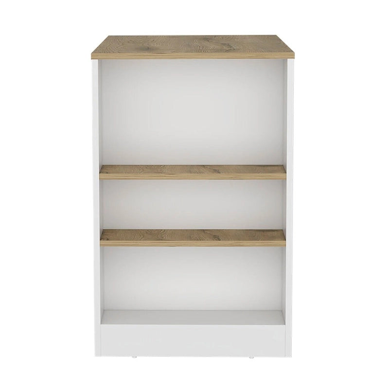 White Wood-Effect Kitchen Island with Three Open Shelves for Dining