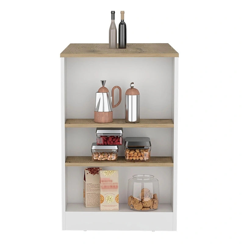White Wood-Effect Kitchen Island with Three Open Shelves for Dining
