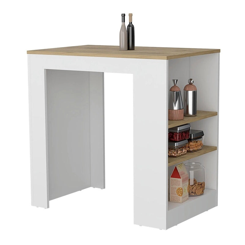 White Wood-Effect Kitchen Island with Three Open Shelves for Dining