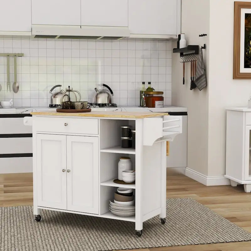 White Rolling Kitchen Island with Wood Top and Adjustable Storage