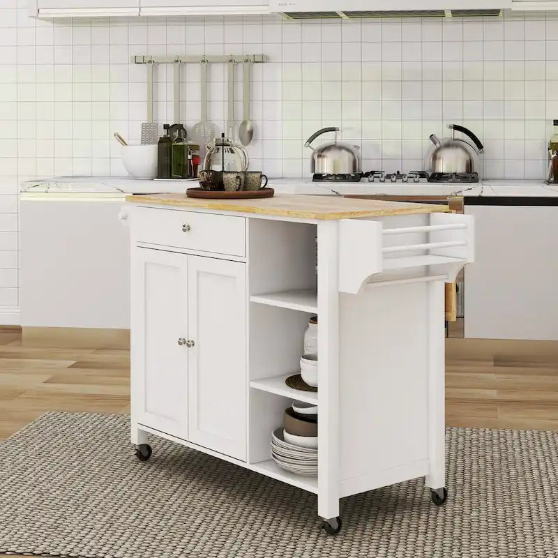 White Rolling Kitchen Island with Wood Top and Adjustable Storage
