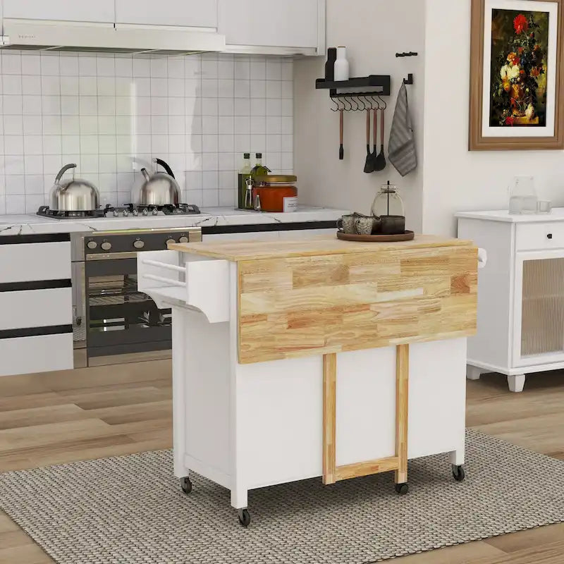 White Rolling Kitchen Island with Wood Top and Adjustable Storage