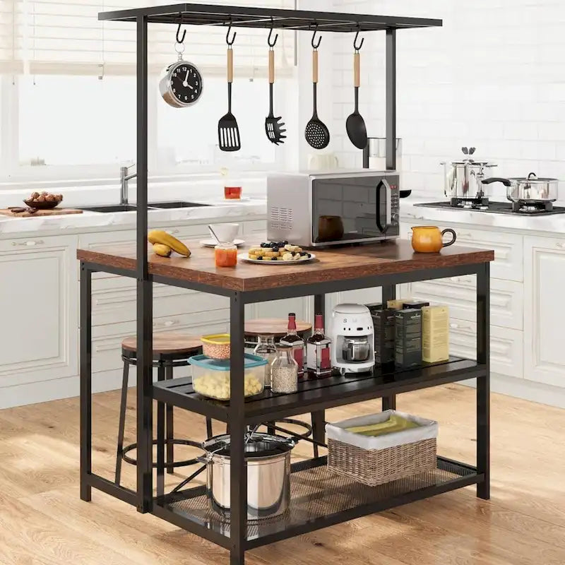 42 3 Tier Kitchen Island Table with Storage Shelf and Hooks - N/A
