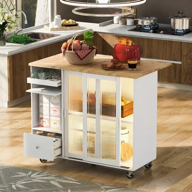 Carrito isla de cocina con ruedas, iluminación LED y vidrio estriado