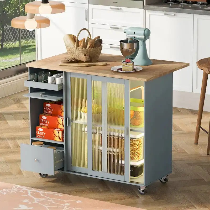 Rolling Kitchen Island Cart with LED Lighting and Fluted Glass