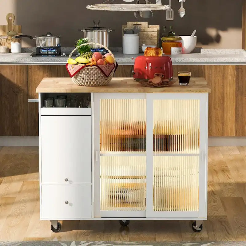 Rolling Kitchen Island Cart with LED Lighting and Fluted Glass