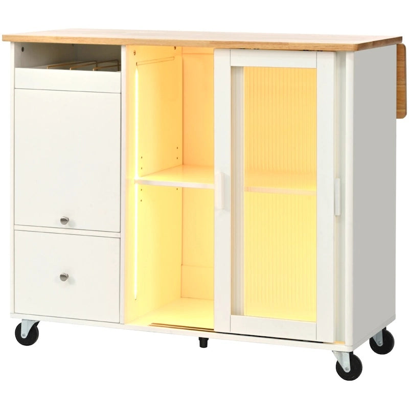 Carrito isla de cocina con ruedas, iluminación LED y vidrio estriado