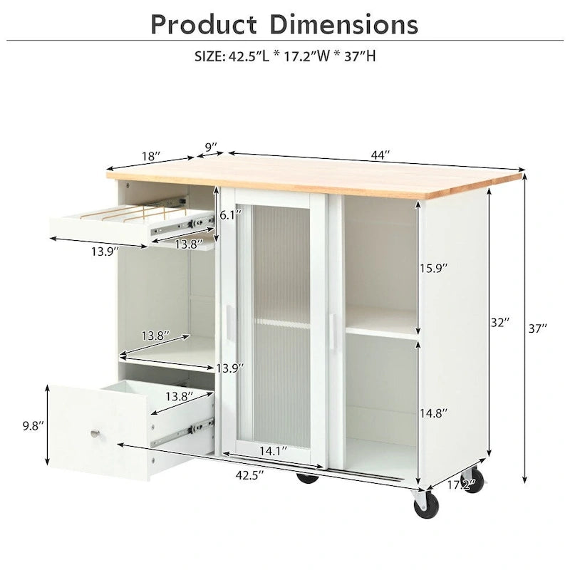 Carrito isla de cocina con ruedas, iluminación LED y vidrio estriado