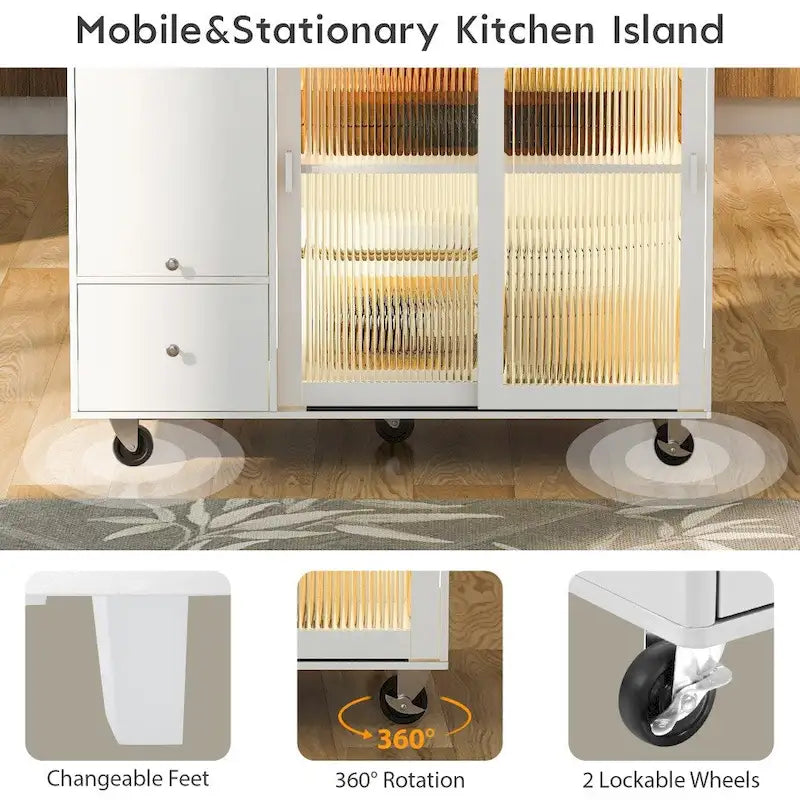 Carrito isla de cocina con ruedas, iluminación LED y vidrio estriado