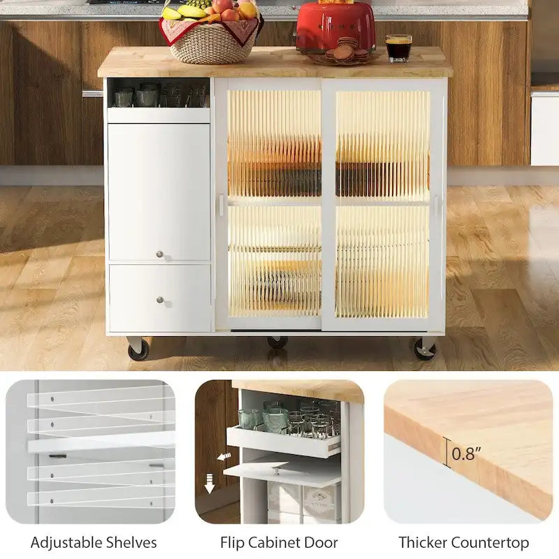 Carrito isla de cocina con ruedas, iluminación LED y vidrio estriado