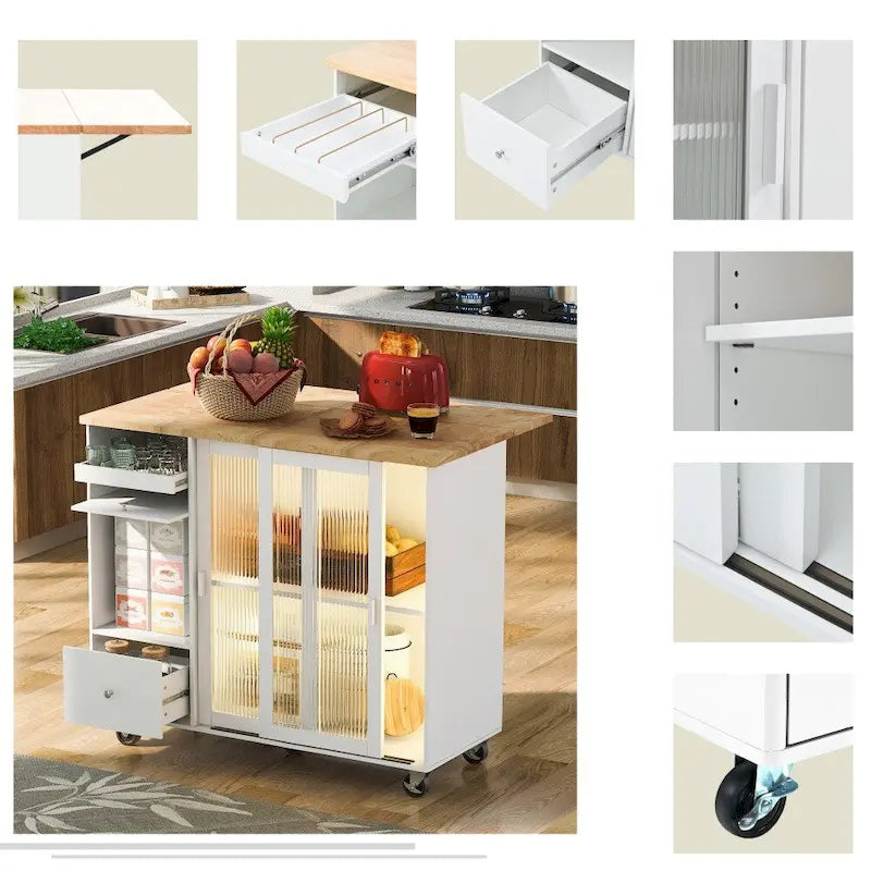 Carrito isla de cocina con ruedas, iluminación LED y vidrio estriado
