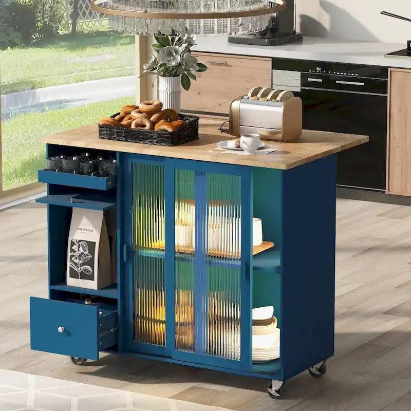 Carrito isla de cocina con ruedas, iluminación LED y vidrio estriado