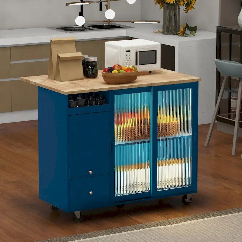 Carrito isla de cocina con ruedas, iluminación LED y vidrio estriado