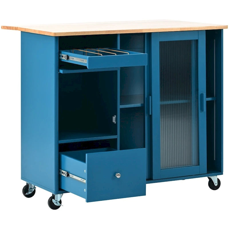 Carrito isla de cocina con ruedas, iluminación LED y vidrio estriado