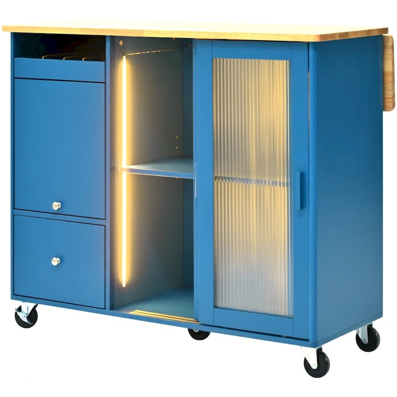 Carrito isla de cocina con ruedas, iluminación LED y vidrio estriado