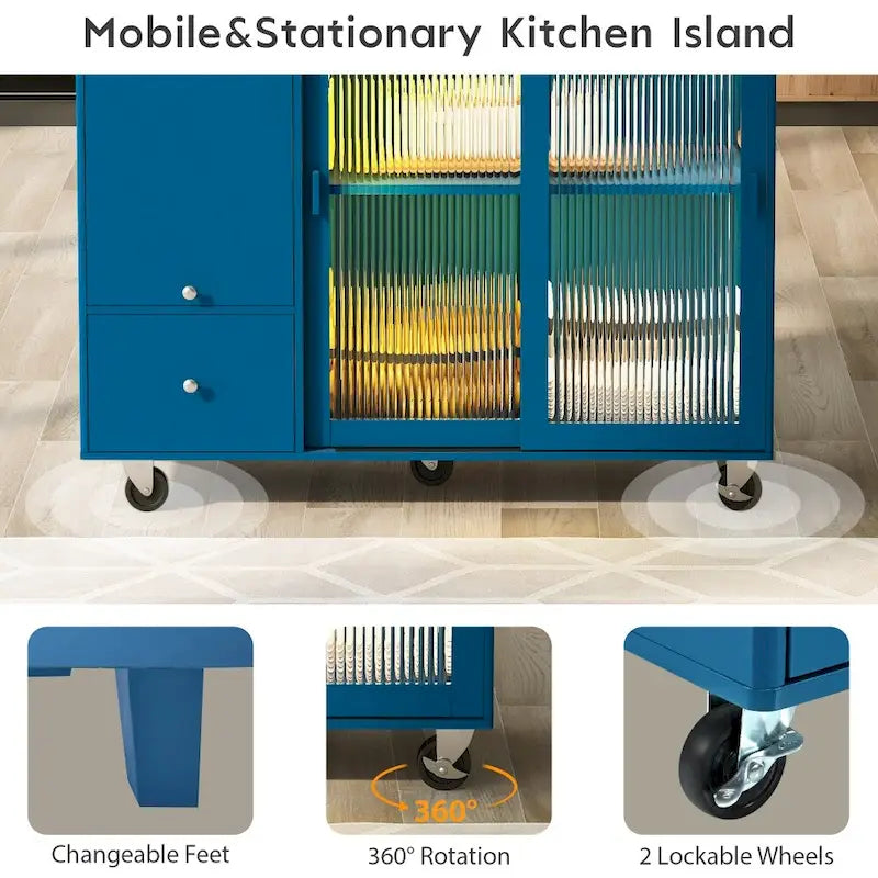 Carrito isla de cocina con ruedas, iluminación LED y vidrio estriado