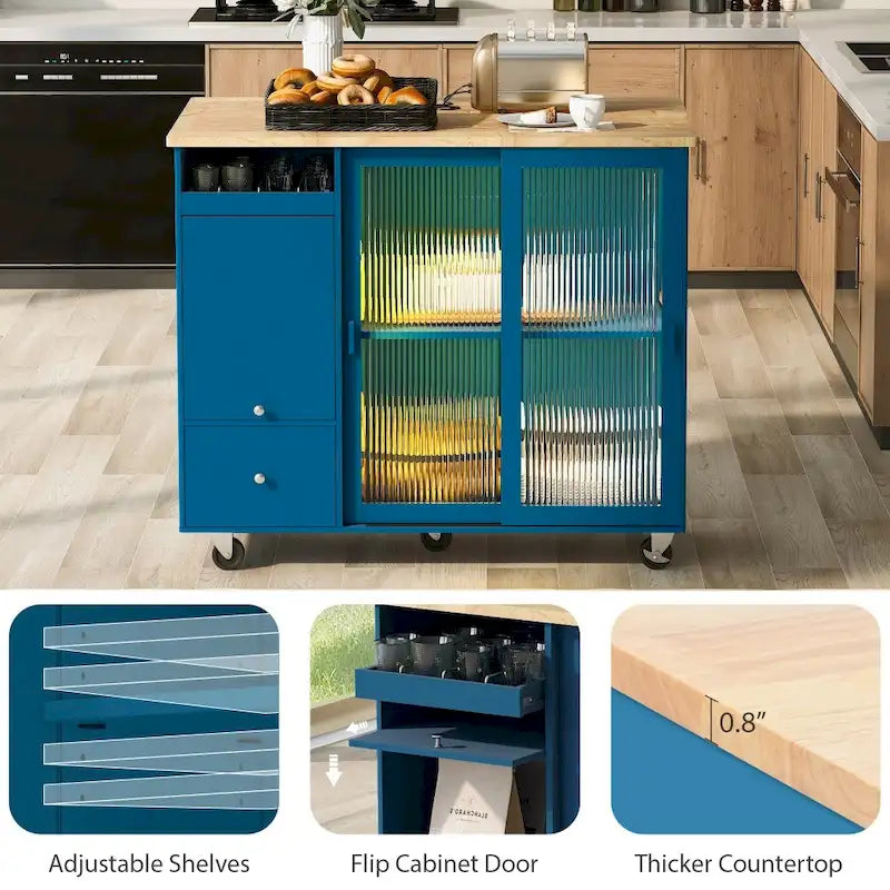 Carrito isla de cocina con ruedas, iluminación LED y vidrio estriado