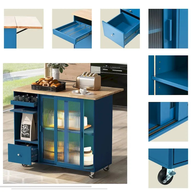 Carrito isla de cocina con ruedas, iluminación LED y vidrio estriado