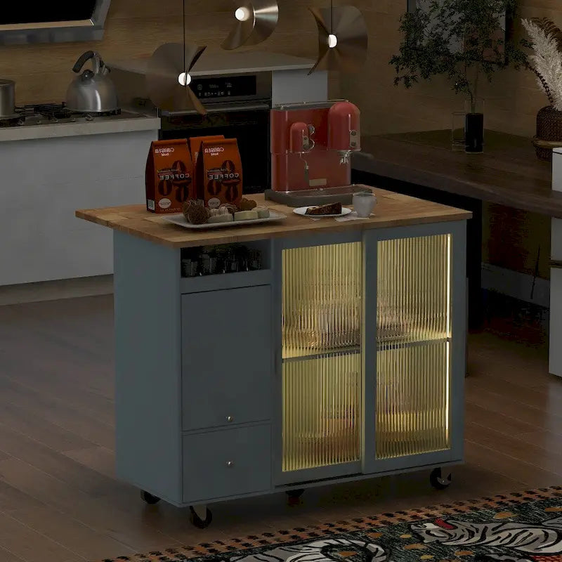 Carrito isla de cocina con ruedas, iluminación LED y vidrio estriado