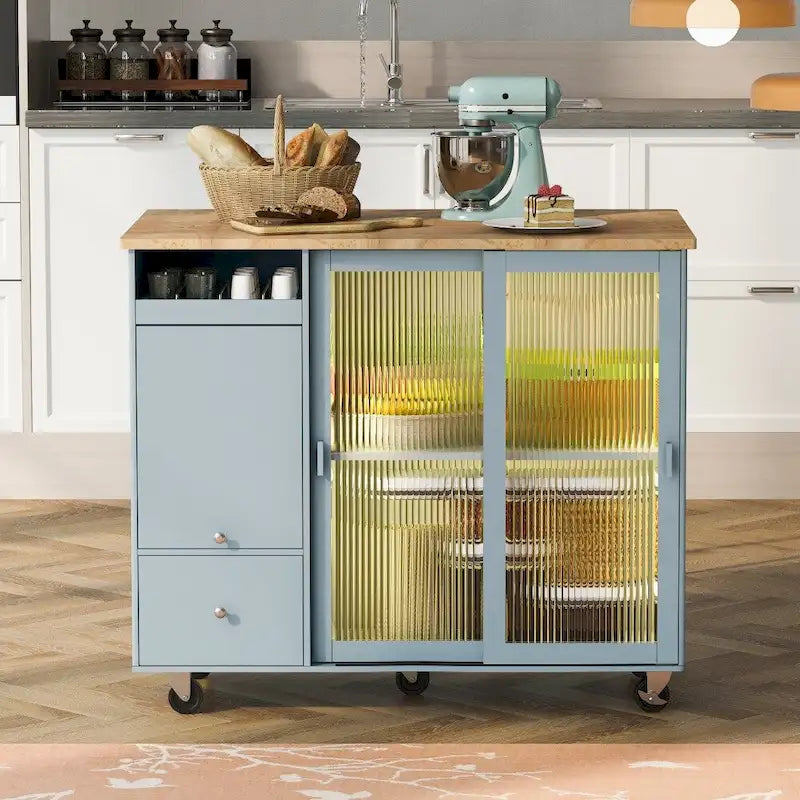 Carrito isla de cocina con ruedas, iluminación LED y vidrio estriado