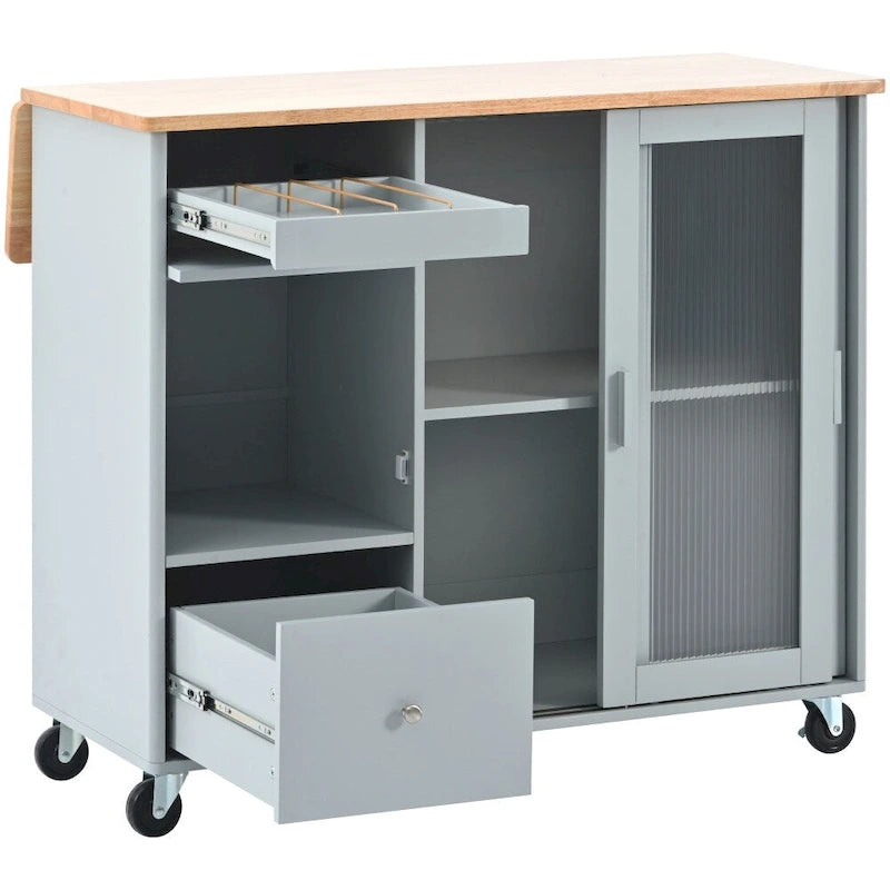 Carrito isla de cocina con ruedas, iluminación LED y vidrio estriado