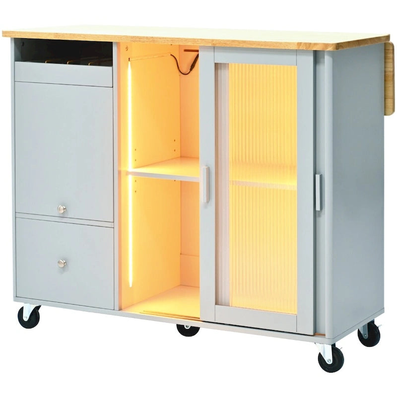 Carrito isla de cocina con ruedas, iluminación LED y vidrio estriado