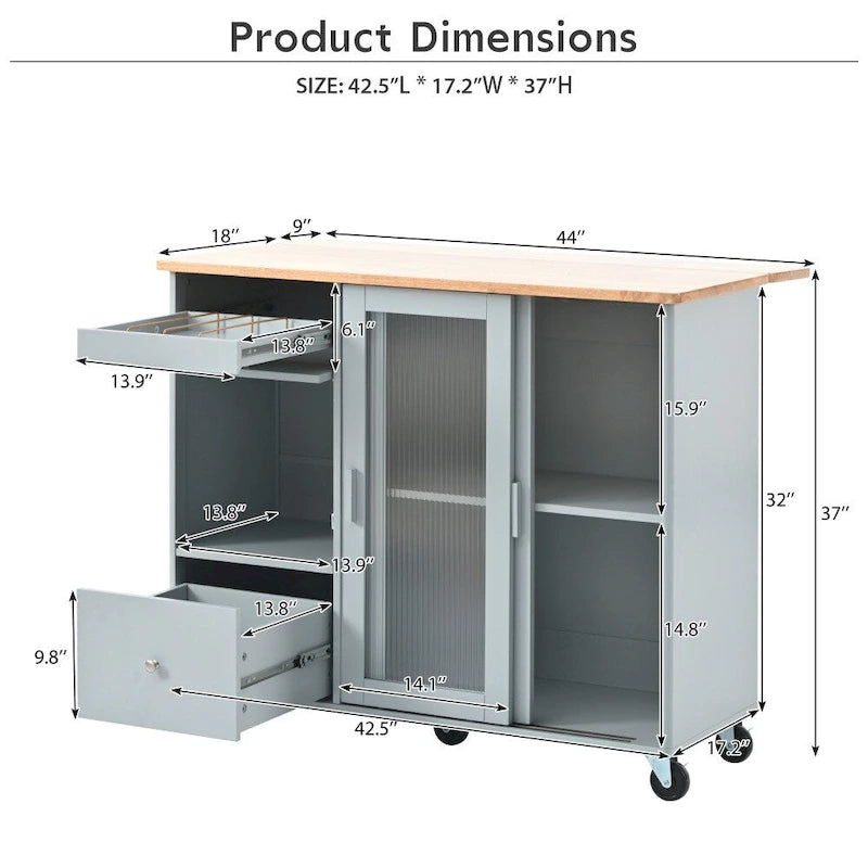 Carrito isla de cocina con ruedas, iluminación LED y vidrio estriado
