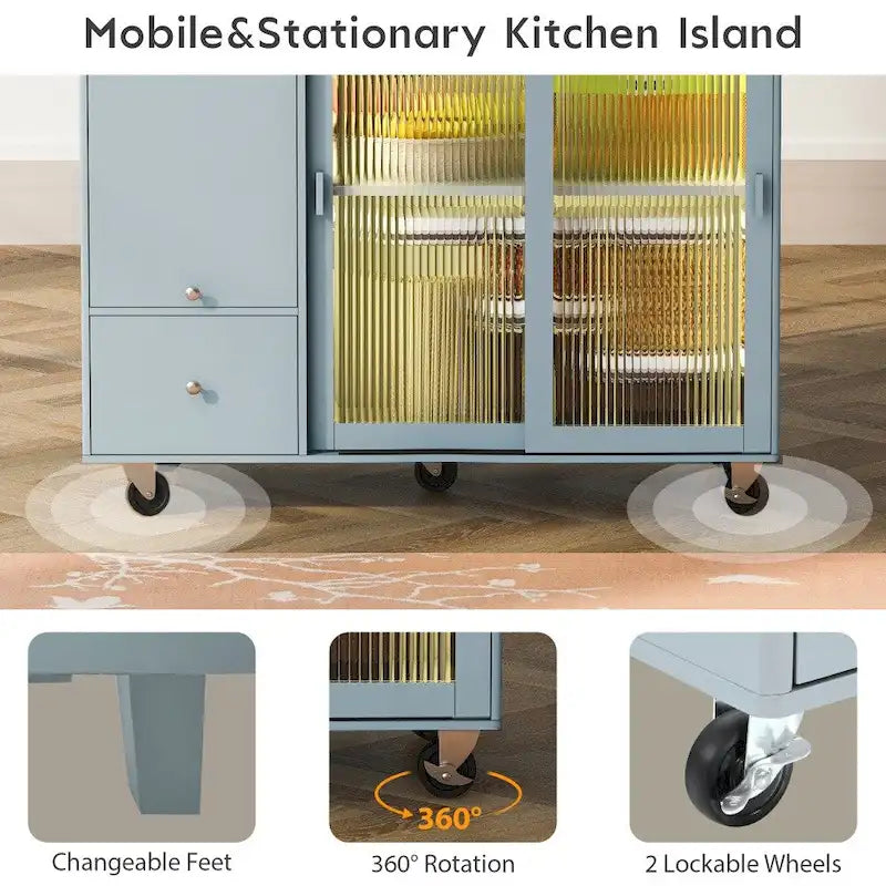 Carrito isla de cocina con ruedas, iluminación LED y vidrio estriado