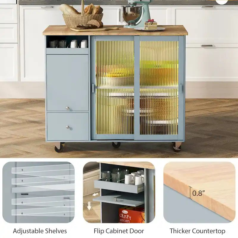 Carrito isla de cocina con ruedas, iluminación LED y vidrio estriado