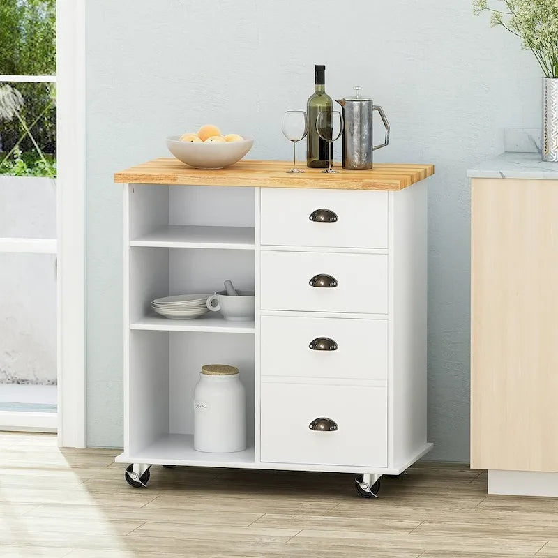 Contemporary Wood Kitchen Cart with Wheels Drawers and Cabinet by Christopher Knight Home