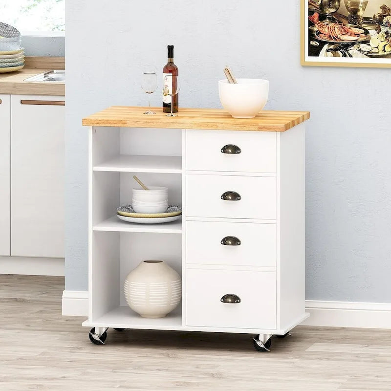 Contemporary Wood Kitchen Cart with Drawers Cabinet and Open Shelves