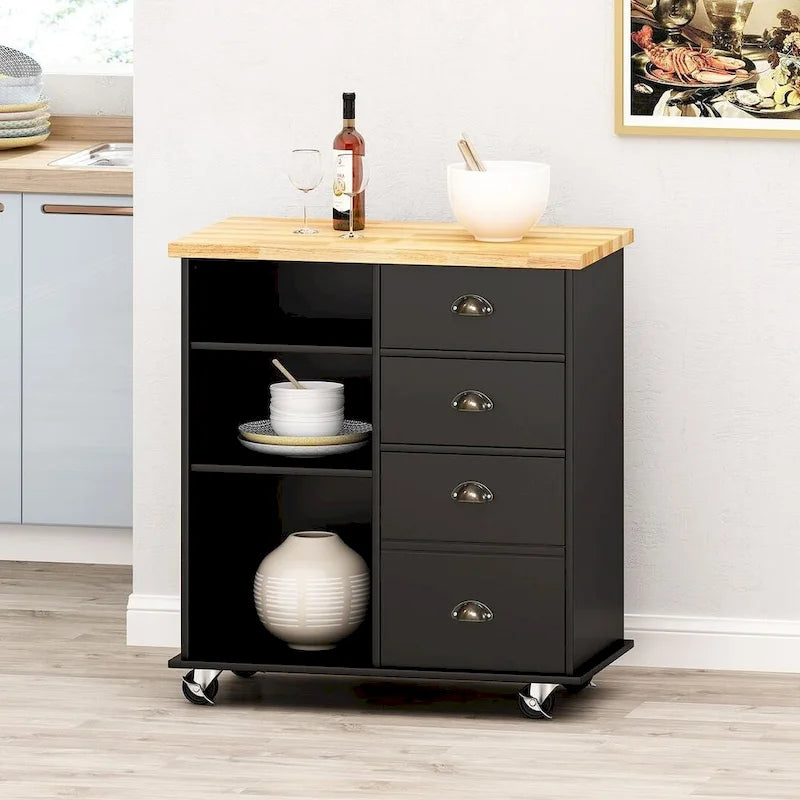 Contemporary Wood Kitchen Cart with Drawers Cabinet and Open Shelves