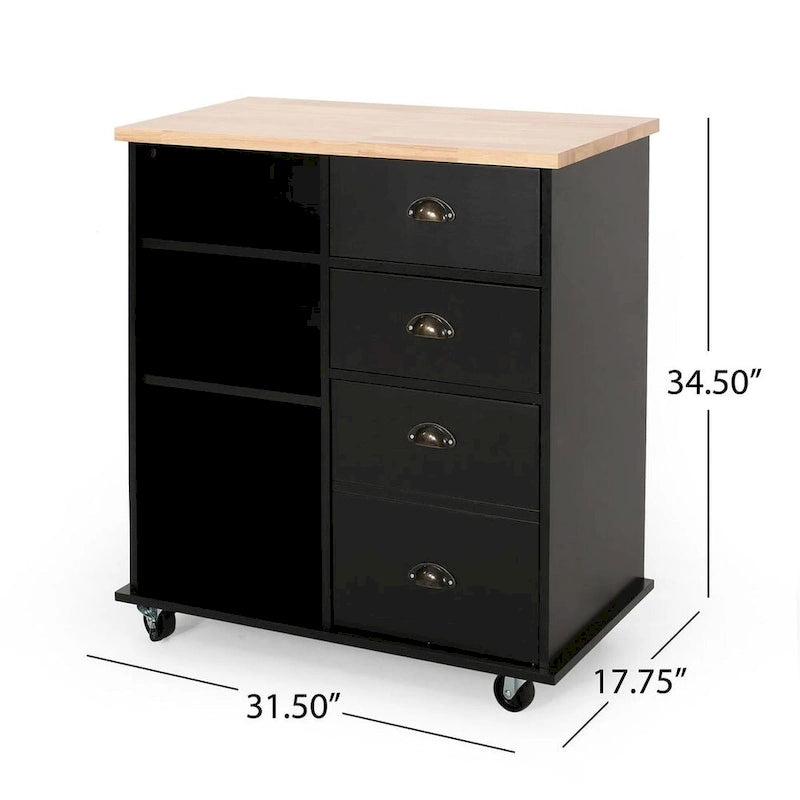 Contemporary Wood Kitchen Cart with Drawers Cabinet and Open Shelves