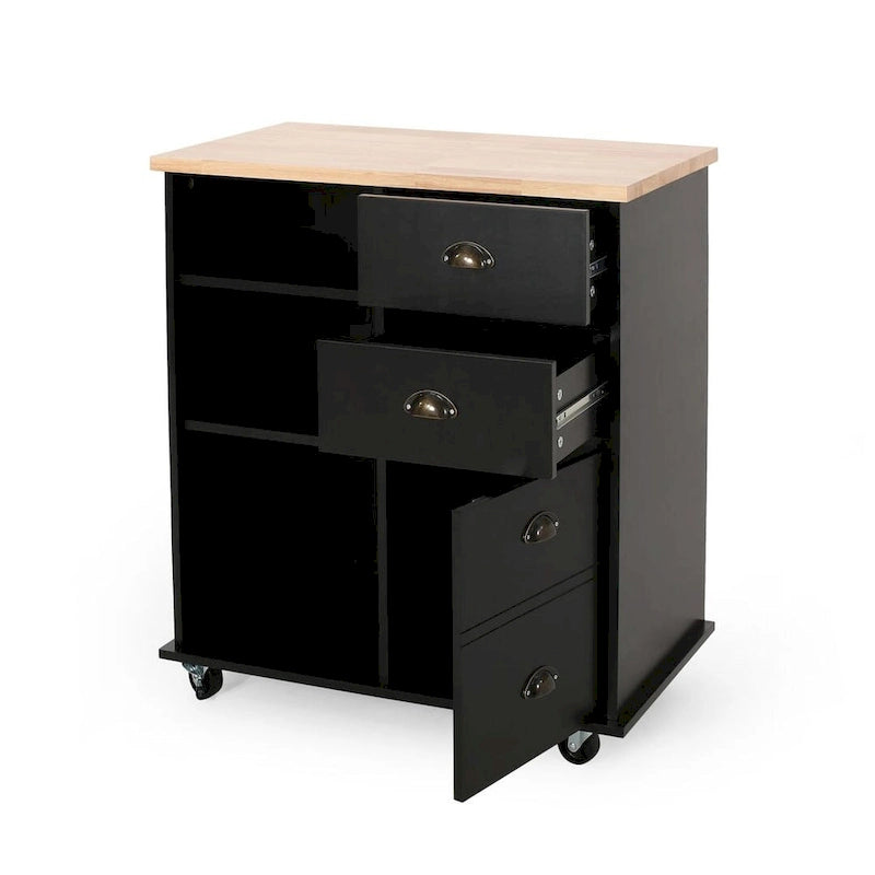 Contemporary Wood Kitchen Cart with Drawers Cabinet and Open Shelves
