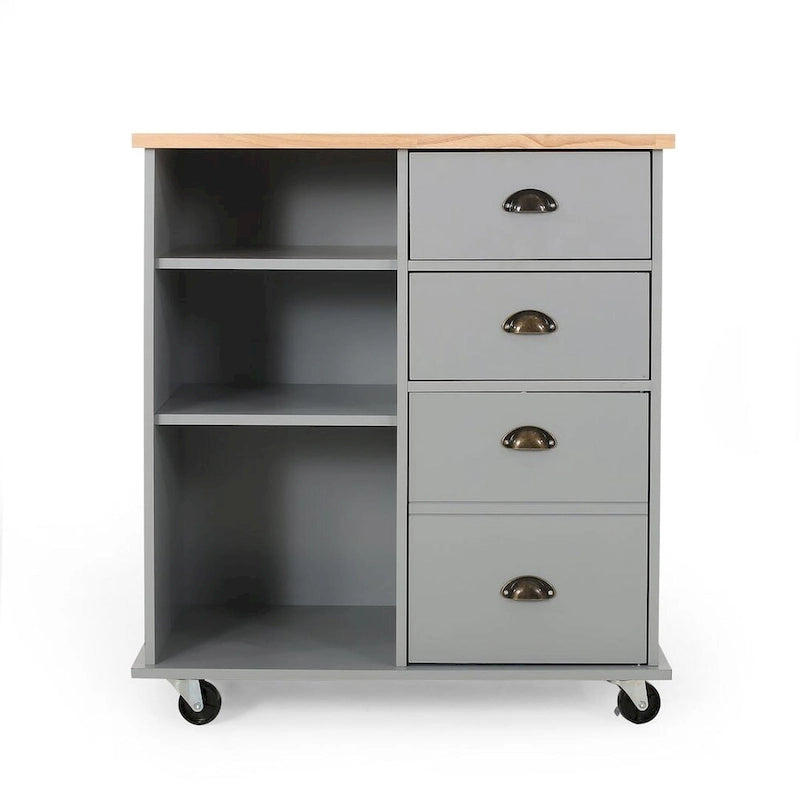Contemporary Wood Kitchen Cart with Drawers Cabinet and Open Shelves