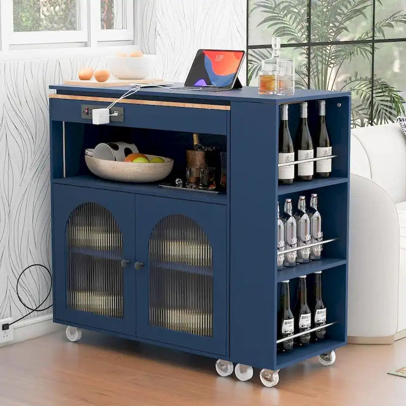 Rolling Kitchen Island Cabinet with Fluted Glass Doors and Lighting