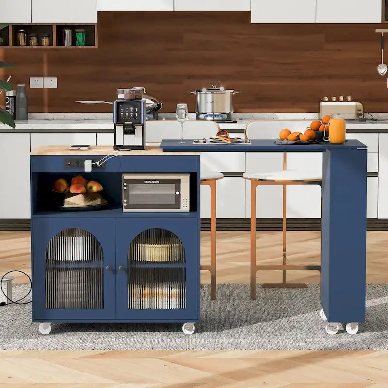 Rolling Kitchen Island Cabinet with Fluted Glass Doors and Lighting