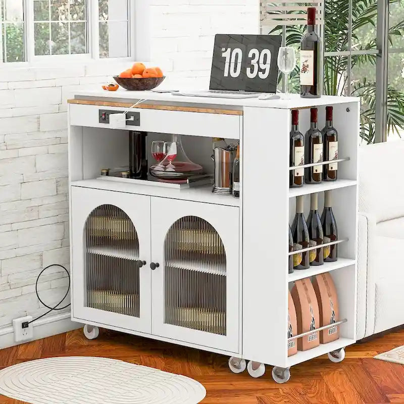 Rolling Kitchen Island Cabinet with Fluted Glass Doors and Lighting