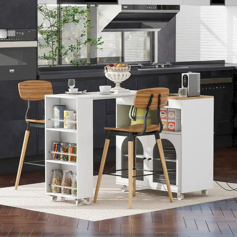 Placard-îlot de cuisine sur roulettes avec portes en verre cannelé et éclairage