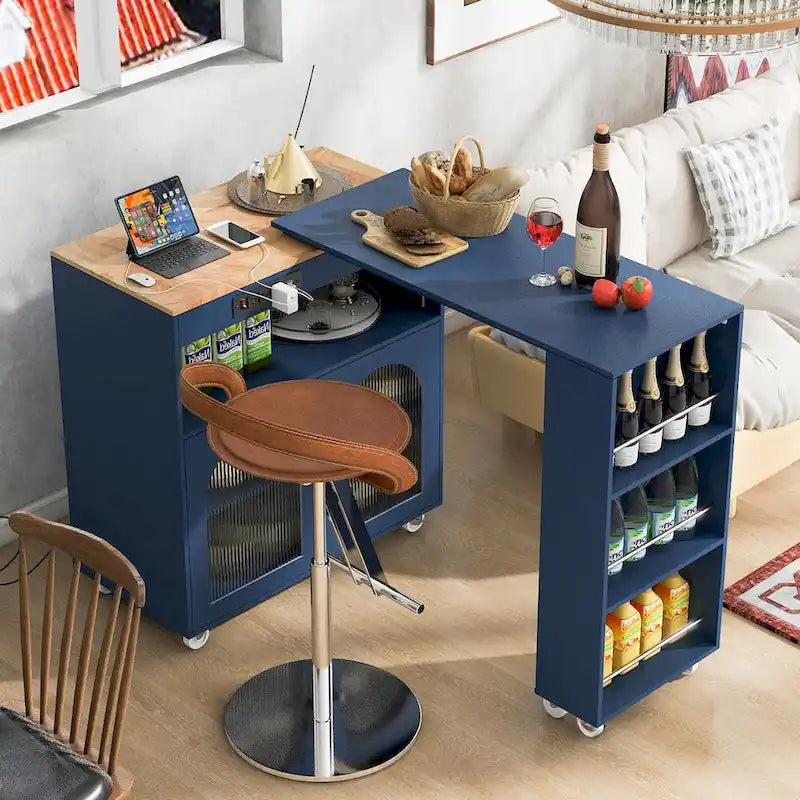 Placard-îlot de cuisine sur roulettes avec portes en verre cannelé et éclairage