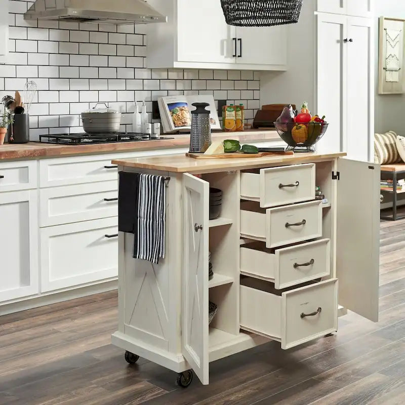 Rustic Off-White Wooden Kitchen Cart with Drawers and Cabinet Storage