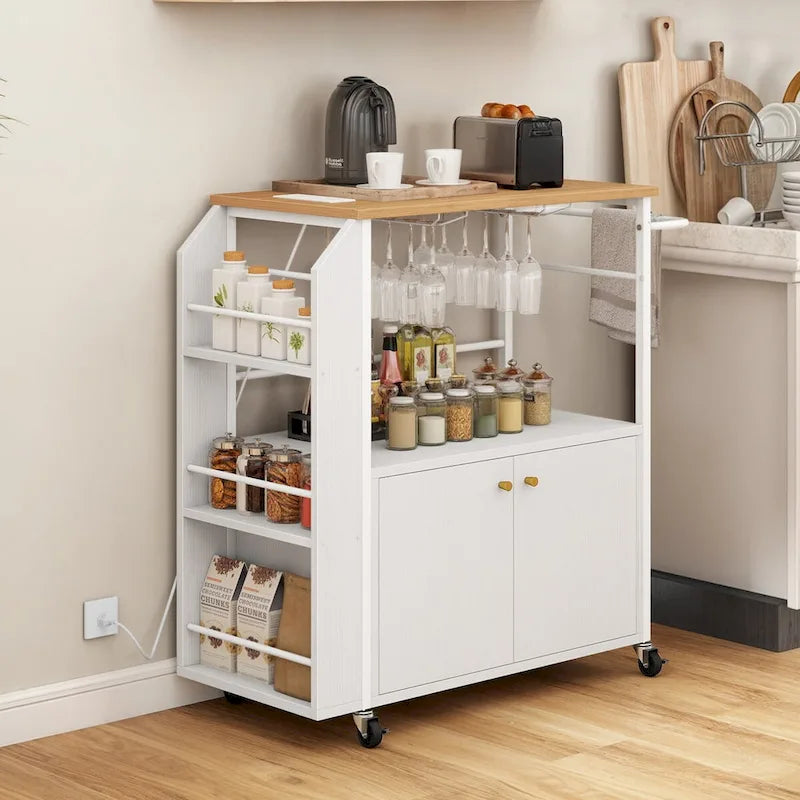 White Rolling Kitchen Cart with Brown Top and Power Outlets