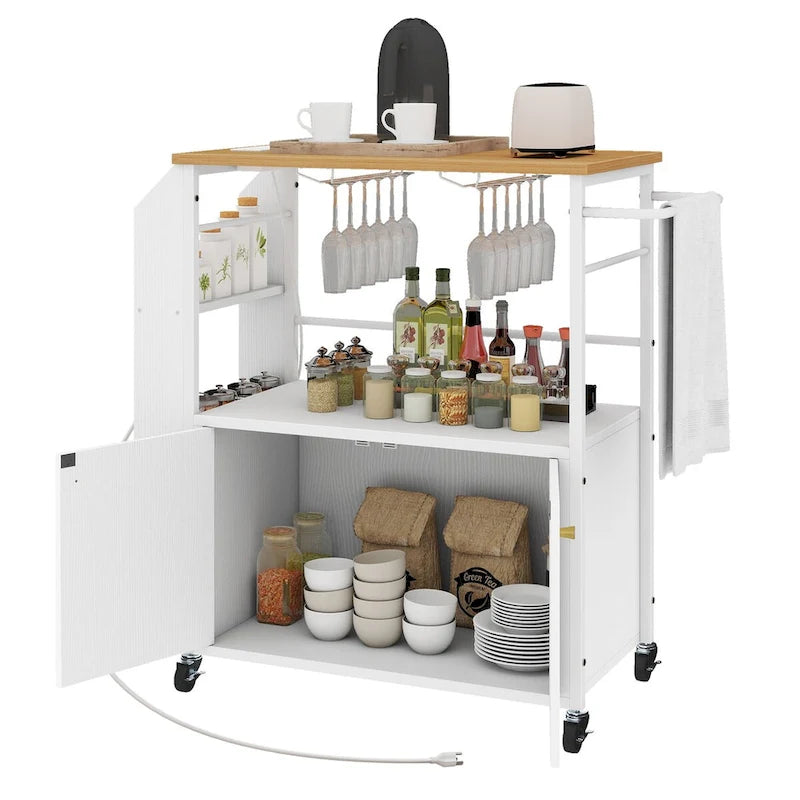 White Rolling Kitchen Cart with Brown Top and Power Outlets